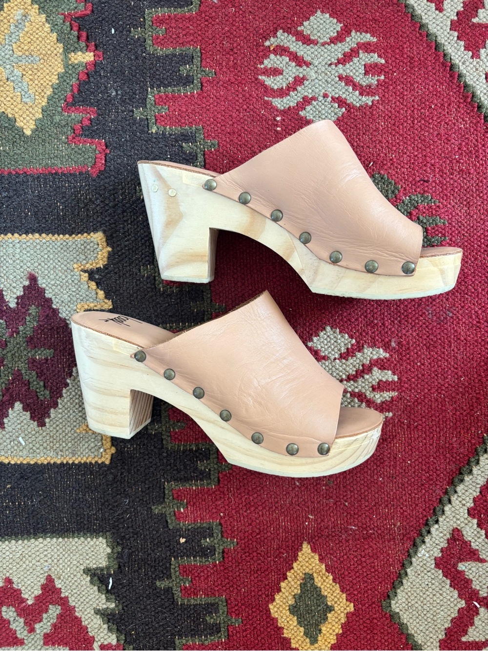 Beek… Tan Leather Studded Wood Platform Clogs